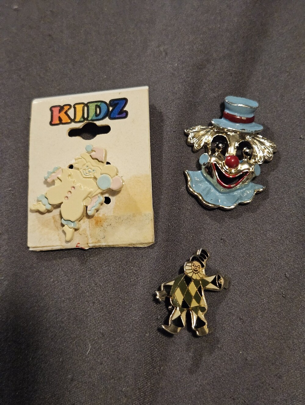 Vintage Clown Pin Brooch Lot of 3 - Enamel Harlequin KIDZ Carded Gold Tone Head